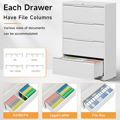 Bestoo 4 Drawer File Cabinet, Metal Lateral Filing Cabinet with Lock - color: White, size: 4 Drawer 15.7" D x 35.4" W x 51.8" H