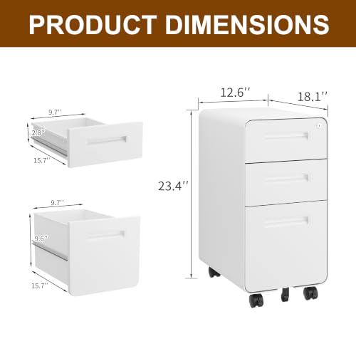 3 Drawer Slim Narrow Mobile File Cabinet with Lock and 4 Keys | Metal Filing Cabinet for Home Office, Under Desk, Pre-Assembly, File Drawer, Letter/Legal/A4 Hanging File Folders - color: White, size: 23.4"H*12.6"W-3 Drawers