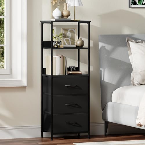 Somdot 5 Tier Bookshelf with 3 Drawers, Narrow Storage Bookcase for Bedroom | Tall Metal Frame Bookcase for Small Spaces, Living Room and Home Office, Black - color: Black