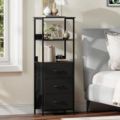 Somdot 5 Tier Bookshelf with 3 Drawers, Narrow Storage Bookcase for Bedroom | Tall Metal Frame Bookcase for Small Spaces, Living Room and Home Office, Black - color: Black