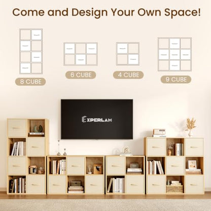 EXPERLAM 4 Cube Storage Organizer - Solid Wood Bookshelf with 2 Storage Bins, Cube Shelf with 2 Removable Back Panels, Vertical or Horizontal Bookcase, Open Book Shelf for Bedroom, Living Room, Office - size: 4 Cube Shelf