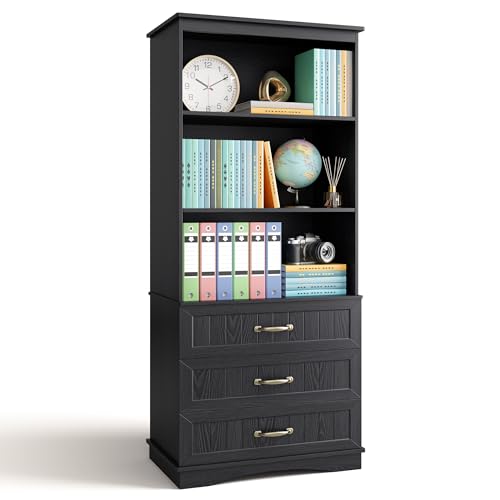 Gizoon 70'' Tall Bookcase with 3 Drawers Wooden Bookshelf with Storage Cabinet Multifunctional Book Storage Organizer for Office Living Room and Bathroom，Black - color: Black