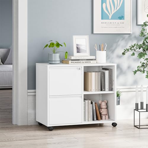 MIIIKO 2 Drawer File Cabinet with Lock, Metal Rolling Printer Stand Filing Cabinets with Drawers for Home Office,A4, Letter Size File Folders(White) - color: White, size: 2 Drawer-31.5"W -Mobile-a