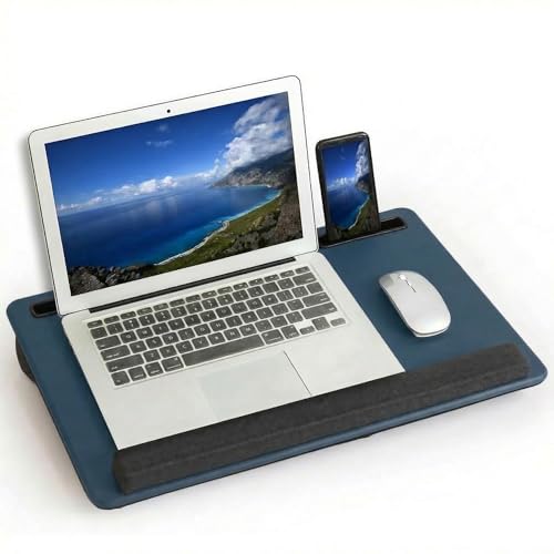 Lap Desk Home Office Lap Desk Portable Laptop Desk for Left Right - Handers with Whole Mouse Pad Wrist Pad Dual Cushion Phone Tablet Slots Fits Up to 17 Inch Laptops - color: Light Blue