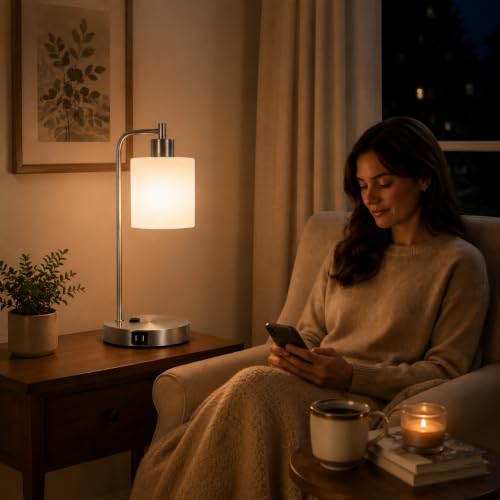 Set of 2 Industrial Touch Control Table Lamps with 2 USB Ports and AC Outlet - 3-Way Dimmable Nickel Bedside Lamp Nightstand Desk Lamps for Bedroom Living Room, Opal Glass Shade & 2 LED Bulbs Included - color: Nickel(2 pack)-Opal Glass-Touch Control