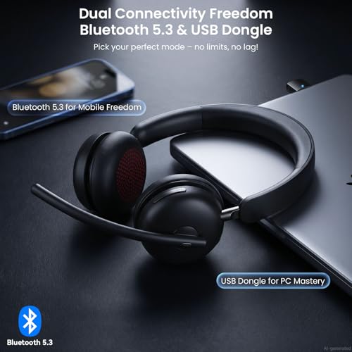 Wireless Headset with Mic for Work, One-Tap Mute & USB Dongle, Bluetooth 5.3 Headset, AI Noise Cancelling Mic, Wireless Headphones with Mic & 65H, Wireless Headset for PC/Teams/Computer/Laptop/Study