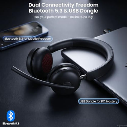 Wireless Headset with Mic for Work, One-Tap Mute & USB Dongle, Bluetooth 5.3 Headset, AI Noise Cancelling Mic, Wireless Headphones with Mic & 65H, Wireless Headset for PC/Teams/Computer/Laptop/Study
