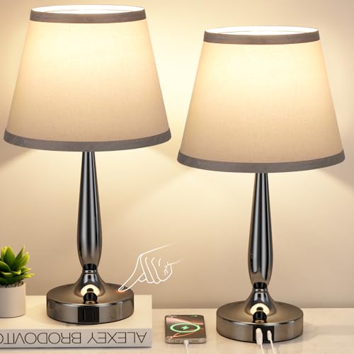 Kakanuo Touch Table Lamp for Bedroom Set, Small Bedside Lamps Set of 2 with USB C Charging Port, 3 Way Dimmable Touch Control Nightstand Lamps, LED Bulb Included - color: Gray, size: 2 Pack