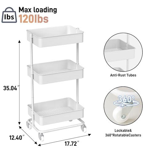 TECBOT 3 Tier Metal Rolling Cart with Wheels, Utility Storage Cart with Handle and Lockable Casters, Storage Basket Organizer Shelves, Easy Assemble for Kitchen, Living Room, Office, Nursery, White