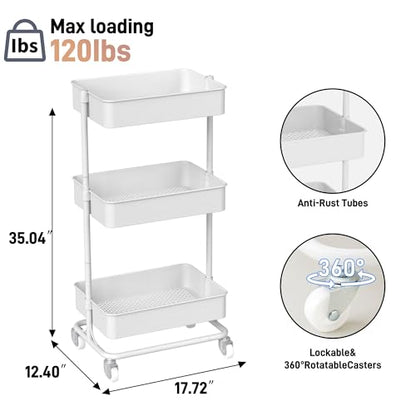 TECBOT 3 Tier Metal Rolling Cart with Wheels, Utility Storage Cart with Handle and Lockable Casters, Storage Basket Organizer Shelves, Easy Assemble for Kitchen, Living Room, Office, Nursery, White