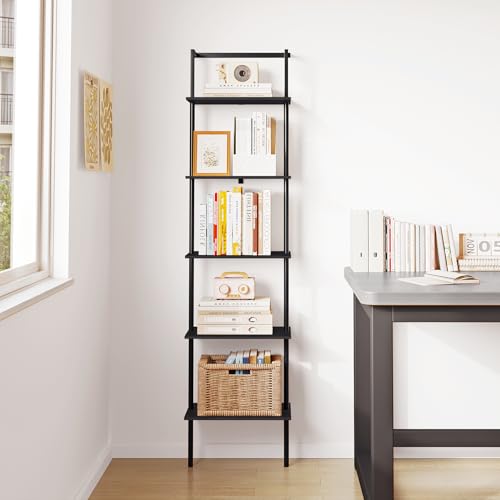 5-Tier Wall Mounted Ladder Shelf, Black, 64.7" H - color: Black, size: 5 Tier