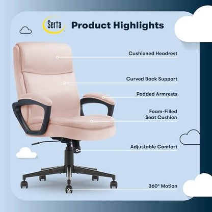 Serta Executive Office Chair with Lumbar Support, Fixed Arms Leather Chair - color: Pink Velvet Fabric