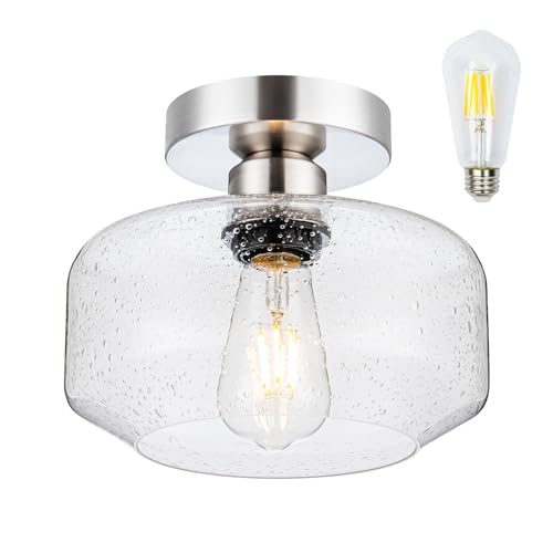 Tbaoinal Semi Flush Mount Ceiling Light Seeded Clear Glass Shade Matal Base Inclede LED Bulb, Low-Profile for Kitchen/Hallway/Entryway/Bathroom,Matte Silver - color: Matte Silver