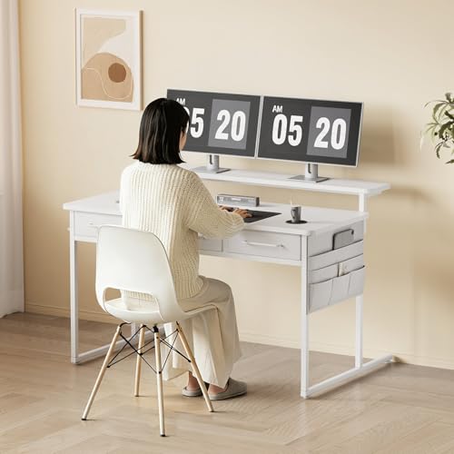 Maihail Computer Desk with Drawers, 47.2X15.8-22.9 Inches Office Computer Desk with Side Pocket & Ergonomic Monitor Stand, Writing Table for Small Spaces, Bedroom, White