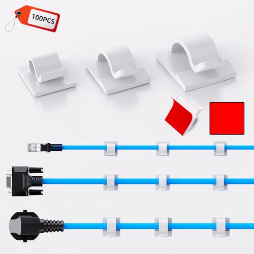 100 PCS White Adhesive Cable Clips Cord Organizer (Small, Medium,Large),Wire Holder for Cable Management, Outdoor Light Clips Light Hooks for LED String,Car Dash Cam, Extension Cord (White) - color: White