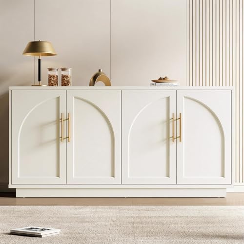 Fatmok Buffet Cabinet with Storage, 59'' Modern Arched Sideboard Cabinet w/Adjustable Shelves, Wood Media TV Console Table Credenza for Living Room Hallway Entryway, Beige(Not White) - color: A-beige