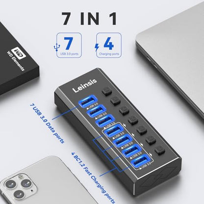 Powered USB Hub 3.0, Leinsis 7-Port USB 3.0 Hub [Durable Aluminum] 7 Data Transfer Ports+ 4 Smart Charging Ports with Individual On/Off Switches, USB Hub 3.0 Powered with Power Adapter for Laptop PC