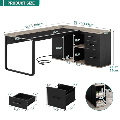 YITAHOME Executive Desk with Power Outlets | Power Outlets, File Cabinet, Drawers & Storage Shelves, Corner Office Desk with Bookshelf, For Home Office