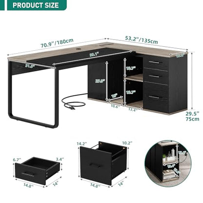 YITAHOME Executive Desk with Power Outlets | Power Outlets, File Cabinet, Drawers & Storage Shelves, Corner Office Desk with Bookshelf, For Home Office