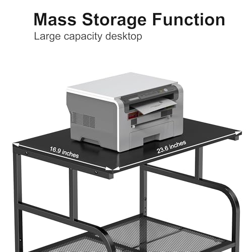 niffgaff Mobile Printer Stand with Large Desktop - 3 Tier Shelf, 24.4 Inch Height, Wooden Organizer for Home&Office, Black