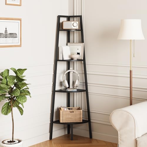 Yoobure 4-Tier Corner Shelf Stand- 54" Tall Corner Bookshelf with Metal Frame, Industrial Ladder Corner Shelves Display Shelf for Bedroom Living Room, Corner Bookcase Corner Plant Stand for Balcony - color: Black, size: 4 Tier