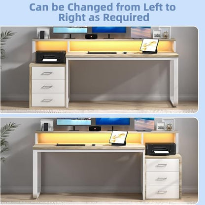 MaverickFurni 67" Home Office Desk with 3 Drawers and LED Lights, Walnut - color: White and Walnut