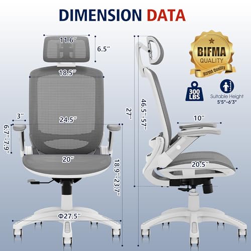 GABRYLLY Ergonomic Office Chair, High Back Home Desk Chair with Headrest, Flip-Up Arms, 90-120° Tilt Lock and Wide Cushion, 300LBS Mesh Chairs for Man Woman, White Task Chair(Dark Grey,GY01WDG) - color: White Frame Dark Grey Mesh