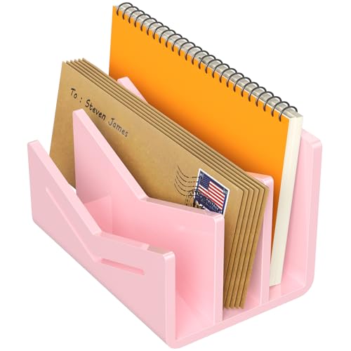 Beego Envelope and Mail Organizer Countertop - 3 Compartments Pink Acrylic Desk Organizer Letter Holder Desktop File Sorter Bill Document Folder Rack for Office, Home, School Desk Organization - color: Pink, size: 3 Compartments