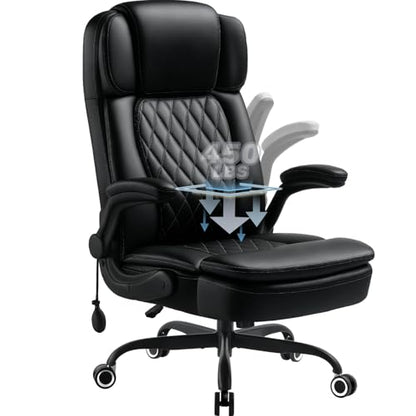 450LBS Big and Tall Executive Office Chair with Flip up Arm, Heavy Duty PU Leather Computer Desk Chair,Comfortable High Back Swivel Home Office Chair with Rolling for Adults,Spring Cushion,Metal Base - color: Black