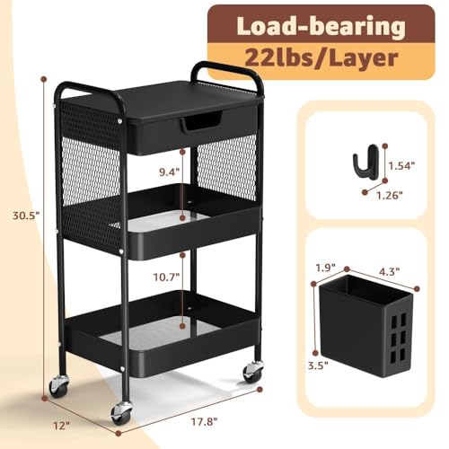 3 Tier Rolling Cart with Drawer, Metal Rolling Utility Cart on Wheels with Pegboard, Art Cart Storage Organizer with Tabletop for Living Room, Office, Bedroom (Black) - color: Black