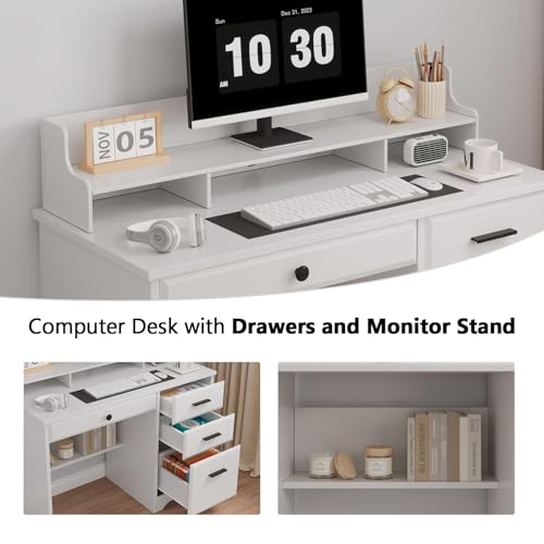 White Desk with Drawers, Small Desk with File Drawer and Monitor Stand - color: White
