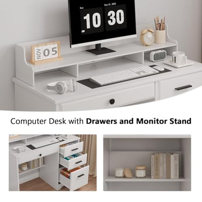 White Desk with Drawers, Small Desk with File Drawer and Monitor Stand - color: White