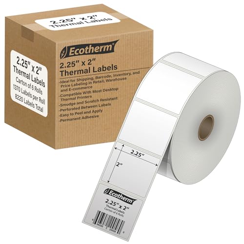 2.25" x 2" Thermal Labels | 6 Rolls | 8220 Labels | fits Zebra, Munbyn, Rollo, Godex, Arkscan, iDPRT, Offnova Thermal Label Printers and More | Blank White Adhesive Stickers by Ecotherm - size: 2.25 x 2 - 8220 Labels