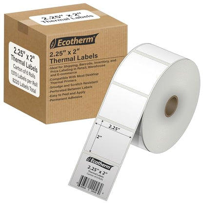 2.25" x 2" Thermal Labels | 6 Rolls | 8220 Labels | fits Zebra, Munbyn, Rollo, Godex, Arkscan, iDPRT, Offnova Thermal Label Printers and More | Blank White Adhesive Stickers by Ecotherm - size: 2.25 x 2 - 8220 Labels
