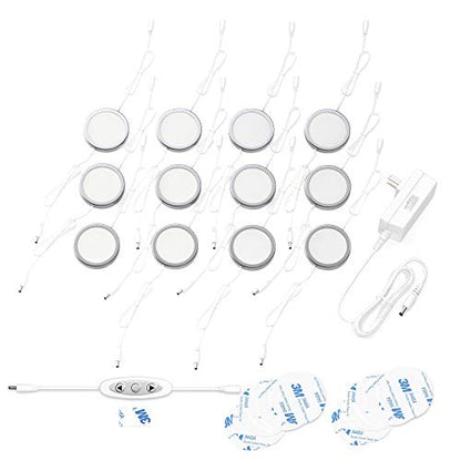 EShine Under Cabinet LED Puck Lights with Dimmer Switch, Dimmable, 12 Pcs, White Round Under Counter Lights for Kitchen, Garage, Office, Desk - Cool White (6000K) - color: Cool White (6000K), size: 12 pack