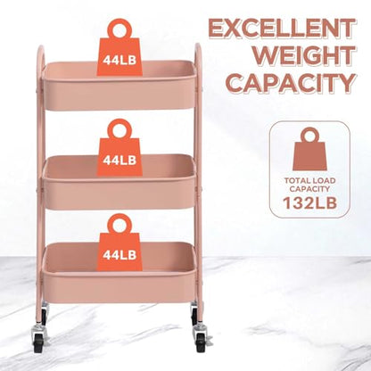 AGTEK 3 Tier Utility Rolling Cart with Lockable Wheels, Metal Multifunctional Storage, Organizer Cart for Kitchen, Office, Living Room, Makeup, Craft, Art Studio, Millennial Pink - color: Millennial Pink