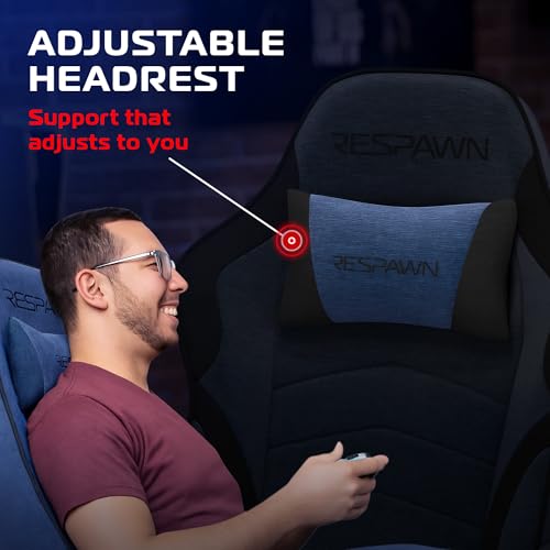 Respawn 900 Gaming Recliner Chair with Footrest, Cup Holder and Swivel | Ergonomic gaming recliner with footrest, cup holder, lumbar support, 135° recline & 360° swivel for console gaming - color: Blue Fabric
