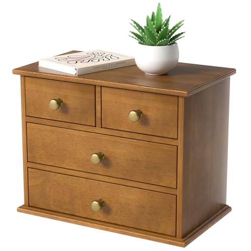 Oak Desk Organizer with Drawers, Durable Wooden Desktop Storage Box | 4 Drawer Tabletop Organizer with Metal Handles & Non-Slip Pads for Office, Bedroom, Bathroom, Vanity & Makeup Storage, Walnut - color: Walnut, size: 4 Drawers