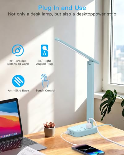 LED Desk Lamp, Power Strip with 4 USB 3 Outlets, Dorm Room Essentials, Blue - color: Blue, size: 5 Ft