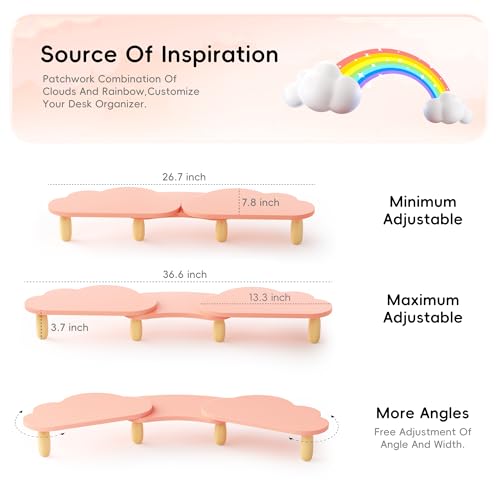 AFOOYO Dual Monitor Stand Riser, Adjustable Rainbow Cloud Desktop Organizer for 2 Monitors, Flexible Length & Angle Computer Stand for Laptop, PC, Printer, Home Office Use - Pink