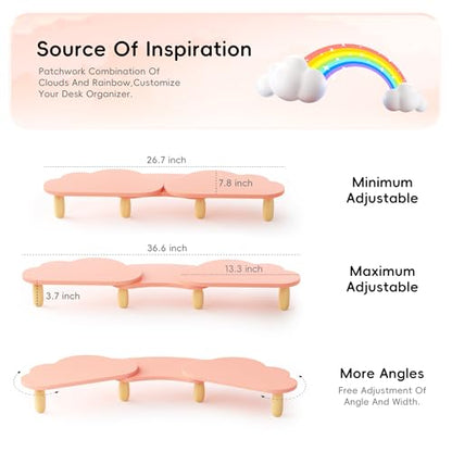 AFOOYO Dual Monitor Stand Riser, Adjustable Rainbow Cloud Desktop Organizer for 2 Monitors, Flexible Length & Angle Computer Stand for Laptop, PC, Printer, Home Office Use - Pink