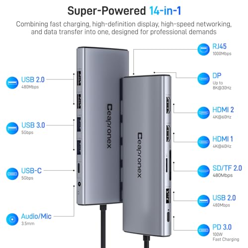 USB C Docking Station 14 in 1 with 2 HDMI 4K + DP 8K 3 Monitors Triple Display for Laptop,/MacBook Pro/Air/HP/DELL/Lenovo, USB C Hub Dongle Dock with USB 3.0, RJ45,100W PD, SD/TF, Audio/Mic
