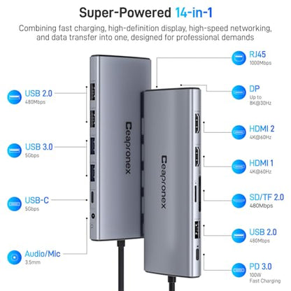 USB C Docking Station 14 in 1 with 2 HDMI 4K + DP 8K 3 Monitors Triple Display for Laptop,/MacBook Pro/Air/HP/DELL/Lenovo, USB C Hub Dongle Dock with USB 3.0, RJ45,100W PD, SD/TF, Audio/Mic