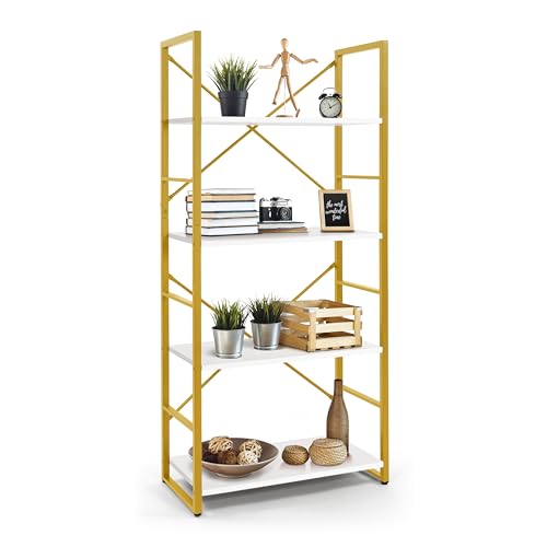 CAPHAUS 4 Tier Bookshelf, Bookcase Shelf Storage Organizer, Living Room, Kitchen, 24 Inch Width Free Standing Shelf, Industrial Book Shelves for Home Office, White Wooden Shelves & Gold Frame - color: Gold, size: 4-Tier