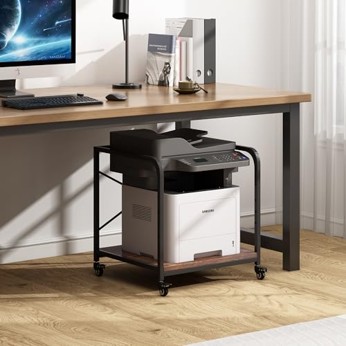 Fannova Large Size Under Desk Printer Stand, Height Adjustable Top Shelf | Table Top 20"x20", Fits 3D/Laser Printer, Heavy Duty Industrial Wheels, 2 Tier Rolling Cart Home Office Storage, Rustic Brown - color: Rustic Brown