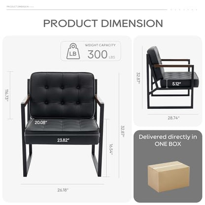 COLAMY Mid Century Modern Accent Chair Set of 2, Comfy Living Room Chair, Black Leather Accent Chair, Faux Leather Reception Armchair with Metal Legs for Living Room Bedroom Reception Office, Black - color: Black, size: Set of 2