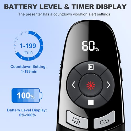 Presentation Clicker for PowerPoint with Red Laser Pointer and Timer, Wireless Clicker for Laptop Presentations Remote, Power Point Remote Clicker for Computer/Mac/PPT/Google Slide Advancer - size: Red-Timer-Battery Display