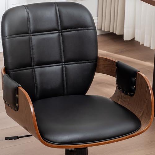 Conference Table Chair with Walnut Finish,Mid Century Modern Office Chair | Ergonomic Curved Back, Bentwood Frame, 360° Swivel & Rocking Function, Height Adjustable 19"-23", Support Up to 350lbs - color: Walnut Black