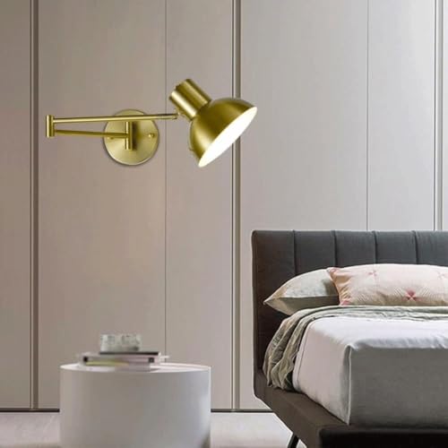 Modern Iron Swing Arm Wall Sconce Gold and Black Adjustable Wall Lamp Fixture for Bedroom Bedside Living Room Reading Mid Century Industrial Wall Mounted Lighting E26 Base Hardwired(Gold) - color: Gold