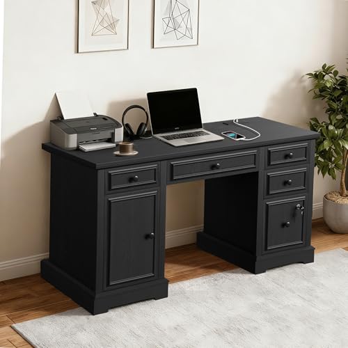 Vipbear 59" Farmhouse Executive Desk with Drawers, Wood Home Office Computer Desk, Featuring Lockable File Drawer, Storage Cabinet & Power Outlet Storage Cabinet for Work Study Writing (Black) - color: Black, size: 59 Inch